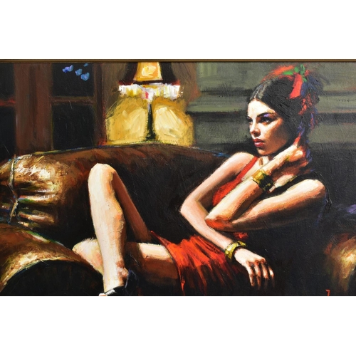 323 - FABIAN PEREZ (ARGENTINA 1967) 'LINDA IN RED III', a female figure relaxing in a leather armchair, si... 
