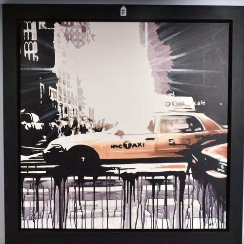 333 - KRIS HARDY (BRITISH 1978) 'NEW YORK TAXI' a modernist New York street scene, signed bottom right, oi... 
