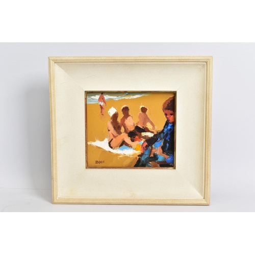 335 - DONALD MCINTYRE (1923-2009) UNTITLED, a family group on a beach beside the sea, initialled lower lef... 