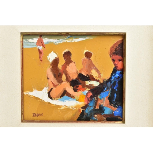 335 - DONALD MCINTYRE (1923-2009) UNTITLED, a family group on a beach beside the sea, initialled lower lef... 