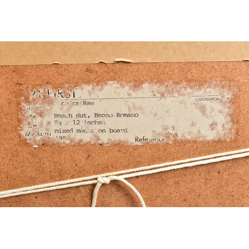 336 - BARBARA RAE CBE R.A RSA. FRSE (SCOTTISH 1943) 'BEACH HUT, BAGNO ROMANO' a view of an Italian beach, ... 