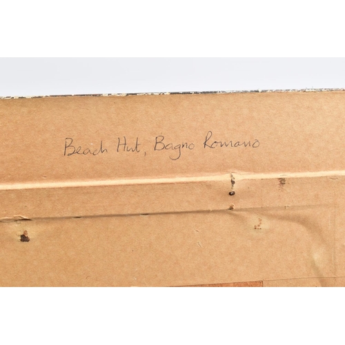 336 - BARBARA RAE CBE R.A RSA. FRSE (SCOTTISH 1943) 'BEACH HUT, BAGNO ROMANO' a view of an Italian beach, ... 