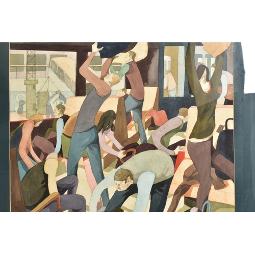 337 - GEORGE LARGE (BRITISH 1936) UNTITLED, Passengers on a ferry stowing luggage, signed and dated (19)84... 