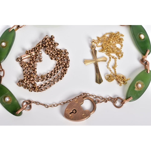 35 - A SELECTION OF JEWELLERY, to include a rose gold bracelet with oval nephrite jade panels each set wi... 