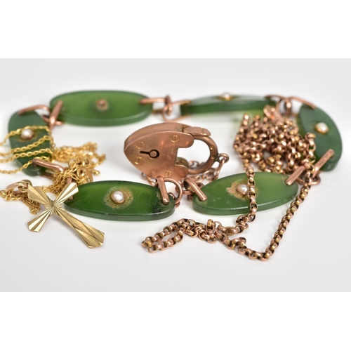 35 - A SELECTION OF JEWELLERY, to include a rose gold bracelet with oval nephrite jade panels each set wi... 