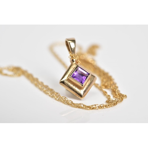 39 - A 9CT GOLD AMETHYST PENDANT NECKLACE, the square cut amethyst set within a plain polished square mou... 