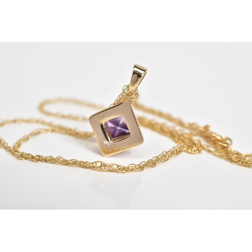 39 - A 9CT GOLD AMETHYST PENDANT NECKLACE, the square cut amethyst set within a plain polished square mou... 