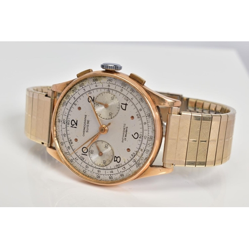 44 - A GENTLEMENS CHRONOGRAPHE SUISSE WRISTWATCH, the silver dial with Arabic numerals and dot markers, t... 