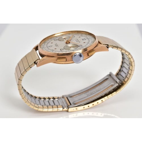 44 - A GENTLEMENS CHRONOGRAPHE SUISSE WRISTWATCH, the silver dial with Arabic numerals and dot markers, t... 