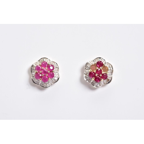 5 - A NEAR PAIR OF MATCHING  9CT GOLD RUBY AND DIAMOND CLUSTER EARRINGS, each cluster set with circular ... 