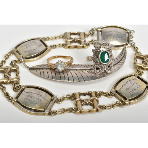 51 - A SELECTION OF SILVER ITEMS, to include a silver bracelet with engraved panels interspaced with scro... 