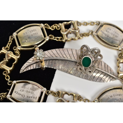 51 - A SELECTION OF SILVER ITEMS, to include a silver bracelet with engraved panels interspaced with scro... 