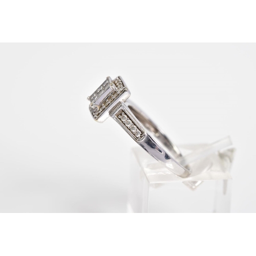 59 - AN 18CT WHITE GOLD DIAMOND RING, designed with a central raised rectangular panel set with six princ... 