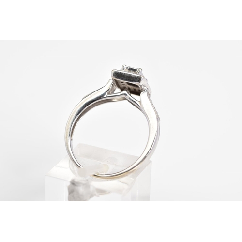 59 - AN 18CT WHITE GOLD DIAMOND RING, designed with a central raised rectangular panel set with six princ... 