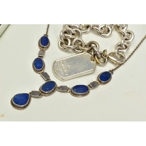 1 - A LAPIS LAZULI NECKLACE AND WHITE METAL BRACELET, the necklace designed with a panel of six oval cut... 