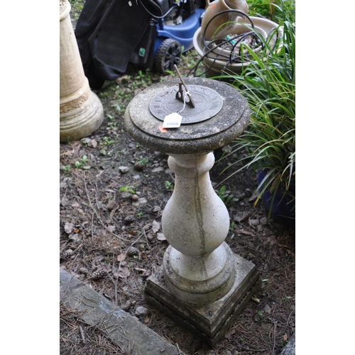 1008 - A THREE PIECE COMPOSITE SUNDIAL with a brass dial, balustered column and a square base, height 88cm