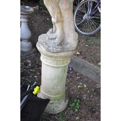 1010 - A LARGE COMPOSITE GARDEN FIGURE OF A GRECIAN LADY standing on a seperate round column base, height 1... 