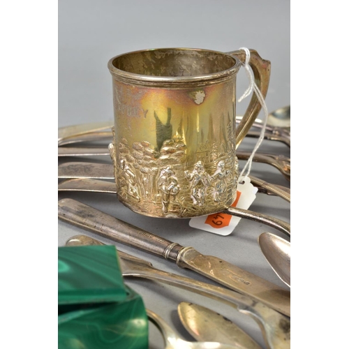 109 - A PARCEL OF ASSORTED SILVER, FLATWARE, ETC, including an Edwardian Christening mug, engraved 'Geoffr... 