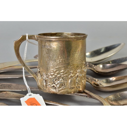 109 - A PARCEL OF ASSORTED SILVER, FLATWARE, ETC, including an Edwardian Christening mug, engraved 'Geoffr... 