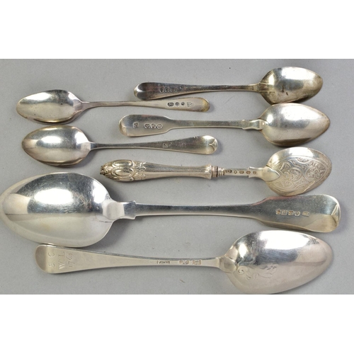 117 - A SMALL PARCEL OF 18TH AND 19TH CENTURY SILVER FLATWARE, including a George IV, fiddle pattern table... 