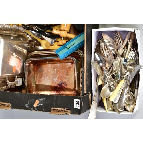 120 - A BOX OF SILVER PLATE, ETC, including a pair of rectangular entree dishes, loose cutlery and flatwar... 