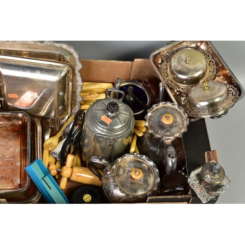 120 - A BOX OF SILVER PLATE, ETC, including a pair of rectangular entree dishes, loose cutlery and flatwar... 