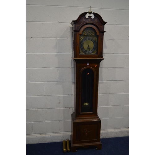 1203 - AN EARLY 20TH CENTURY MAHOGANY AND INLAID LONGCASE CLOCK, the hood with a brass finial, arched glass... 