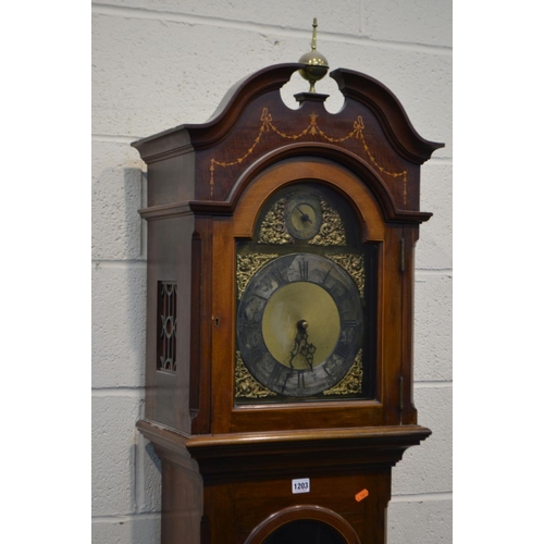 1203 - AN EARLY 20TH CENTURY MAHOGANY AND INLAID LONGCASE CLOCK, the hood with a brass finial, arched glass... 