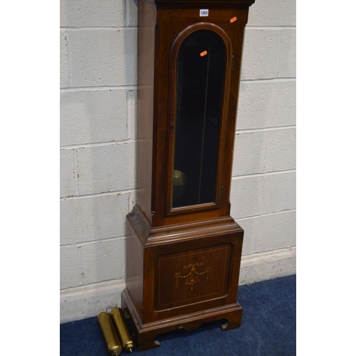 1203 - AN EARLY 20TH CENTURY MAHOGANY AND INLAID LONGCASE CLOCK, the hood with a brass finial, arched glass... 