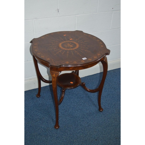 1208 - AN EDWARDIAN MAHOGANY AND FLORALLY INLAID CENTRE TABLE on cabriole legs with padded feet united by s... 