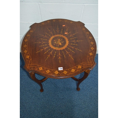 1208 - AN EDWARDIAN MAHOGANY AND FLORALLY INLAID CENTRE TABLE on cabriole legs with padded feet united by s... 