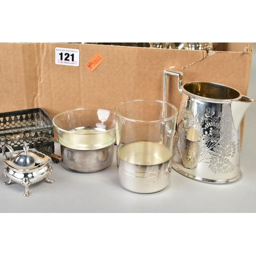 121 - TWO BOXES OF SILVER PLATE, STAINLES STEEL ETC, including souvenir spoons, a small silver handled ser... 