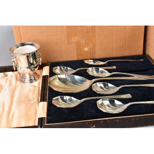 121 - TWO BOXES OF SILVER PLATE, STAINLES STEEL ETC, including souvenir spoons, a small silver handled ser... 