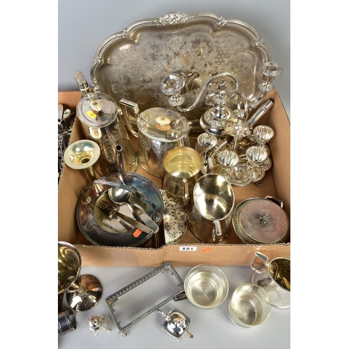 121 - TWO BOXES OF SILVER PLATE, STAINLES STEEL ETC, including souvenir spoons, a small silver handled ser... 