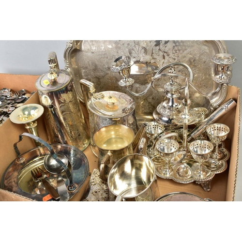 121 - TWO BOXES OF SILVER PLATE, STAINLES STEEL ETC, including souvenir spoons, a small silver handled ser... 