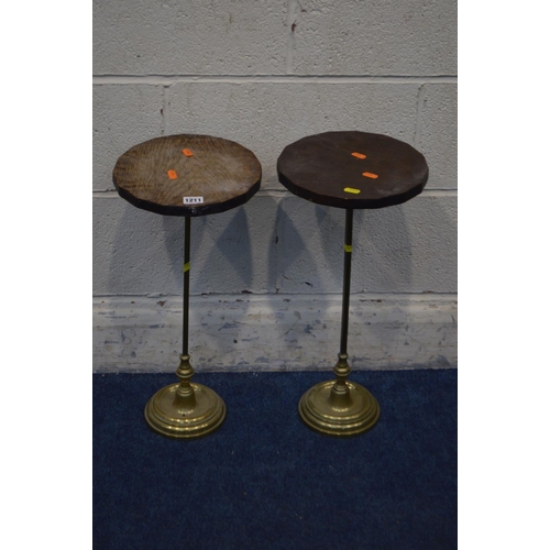 1211 - A PAIR OF EARLY TO MID 20TH CENTURY BRASS AND CIRCULAR OAK TOPPED PLANT STANDS, diameter 25cm x heig... 