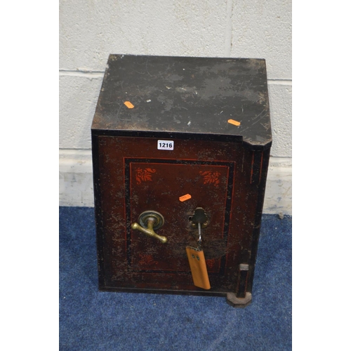 1216 - A VINTAGE SAFE, with an internal drawer, width 36cm x depth 33cm x height 46cm (locksmith cracked wi... 