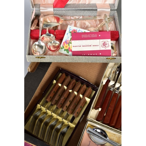 122 - A BOX OF CASED AND LOOSE CUTLERY ETC, including a horn handled carving set, boxed Viners studio tea ... 