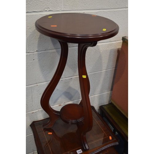 1226 - TWO VARIOUS MODERN MAHOGANY NEST OF THREE TABLES,  a mahogany plant stand, two gilt wall mirrors and... 