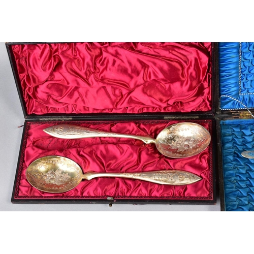 123 - A BOX OF SILVER PLATE, etc including a Victorian silver butter knife, two plated tea pots, cased, bo... 