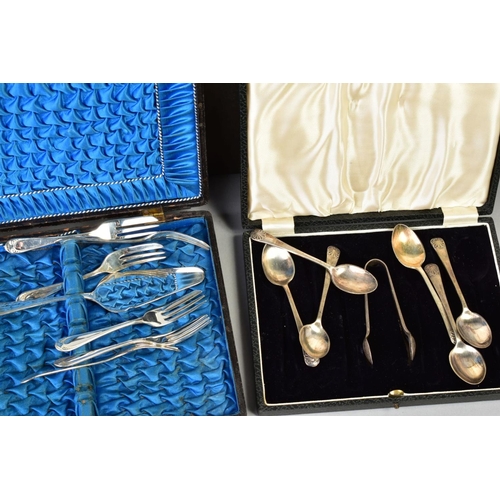 123 - A BOX OF SILVER PLATE, etc including a Victorian silver butter knife, two plated tea pots, cased, bo... 