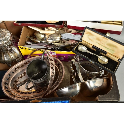 123 - A BOX OF SILVER PLATE, etc including a Victorian silver butter knife, two plated tea pots, cased, bo... 