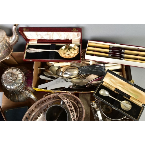 123 - A BOX OF SILVER PLATE, etc including a Victorian silver butter knife, two plated tea pots, cased, bo... 