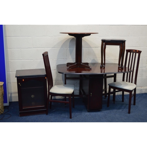 1231 - A MODERN MAHOGANY GATE LEG TABLE, two chairs, nest of two tables, circular table and a hi fi cabinet... 