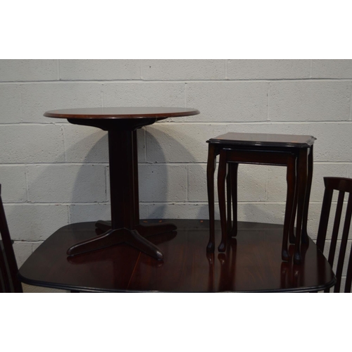 1231 - A MODERN MAHOGANY GATE LEG TABLE, two chairs, nest of two tables, circular table and a hi fi cabinet... 