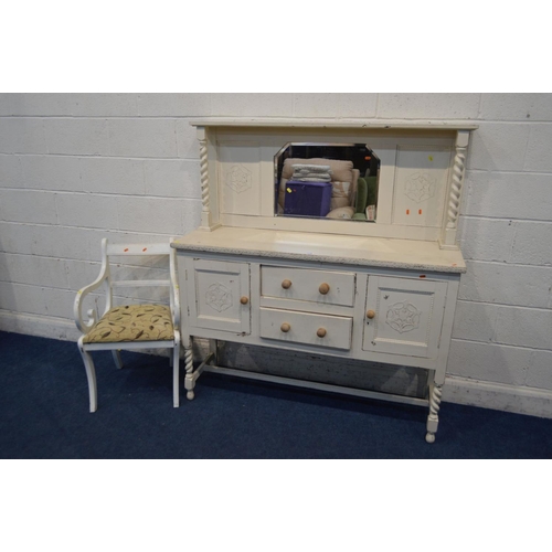 1236 - A MID 20TH CENTURY PAINTED MIRRORBACK SIDEBOARD and a sabre leg chair (2)