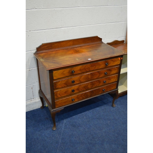 1237 - AN  EDWARDIAN WALNUT CHEST OF FOUR LONG DRAWERS, on cabriole legs, width 100cm x depth 48cm x height... 