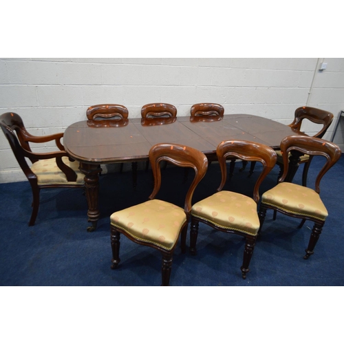 1245 - A VICTORIAN MAHOGANY WIND OUT DINING TABLE, moulded top with rounded corners, two additional leaves,... 