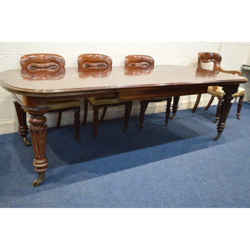 1245 - A VICTORIAN MAHOGANY WIND OUT DINING TABLE, moulded top with rounded corners, two additional leaves,... 