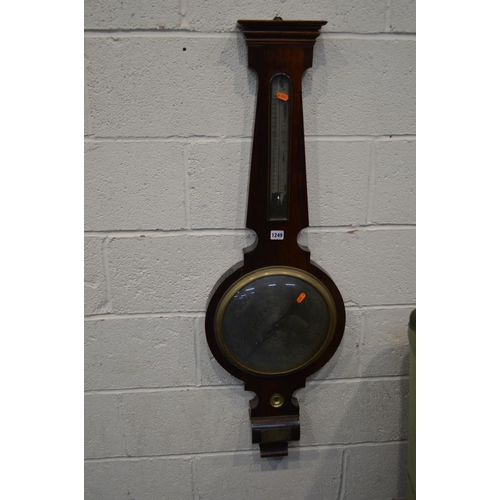 1249 - A GEORGIAN ROSEWOOD BANJO BAROMETER, with silvered dial and thermometer plate and a plaque stating M... 